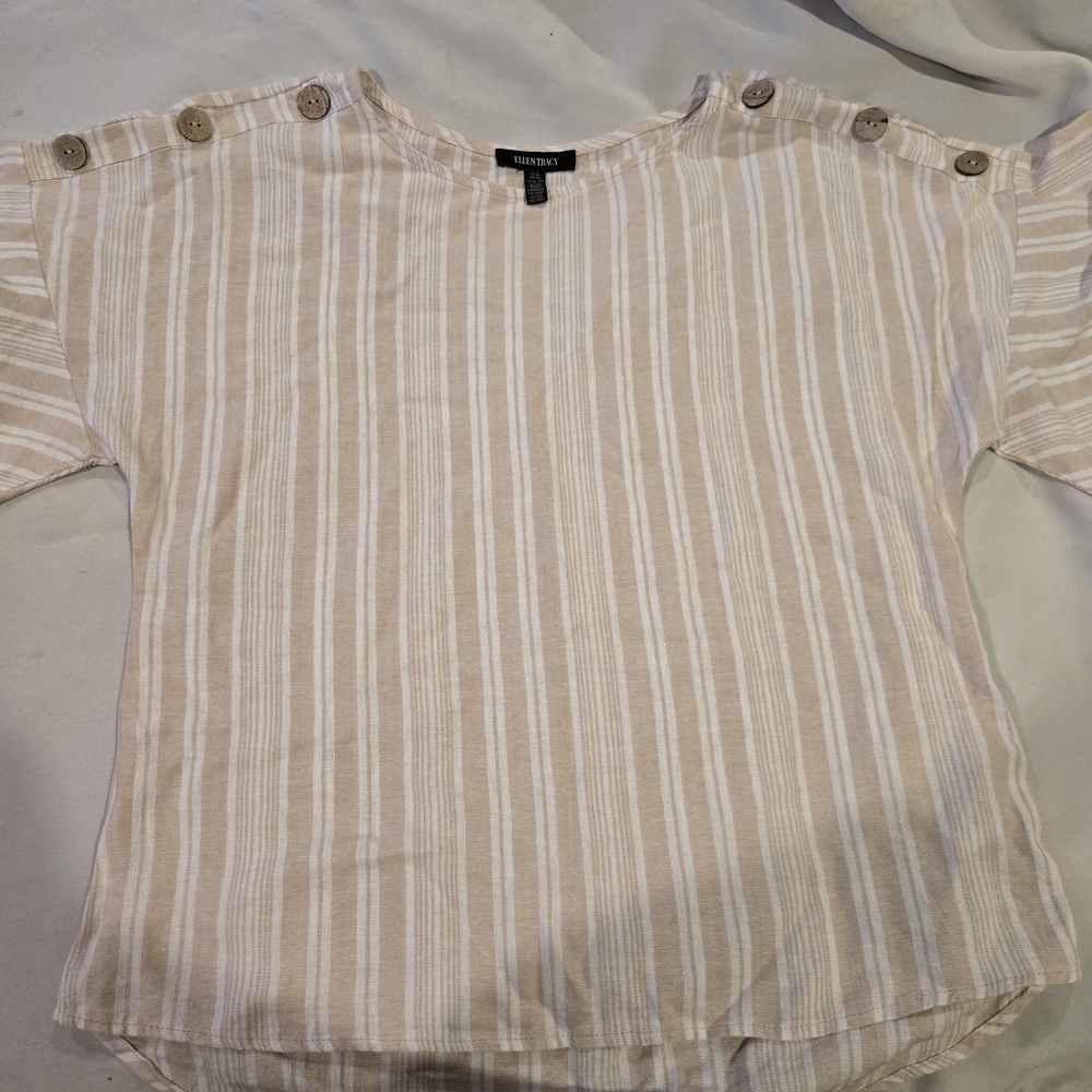 Ellen Tracy Beige Striped Women's Top. Linen Blend. Size XL